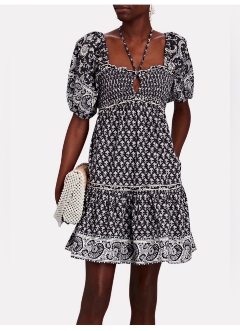Sea New York Jasper Black Floral Print Puff Sleeve A-Line Smocked Mini Dress XS